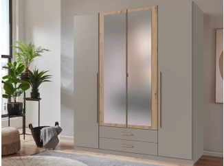 Šatní skříň se zrcadly Marburg, 180 cm, šedá sahara/dub artisan